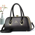 Detail of black leather handbag featuring golden metal buckle and brand logo text - 29*14*16 / Black
