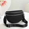 Close-up of black oxford crescent bag with double silver zippers and wide strap - Moon/Half-moon Shape / Black Oxford Cloth