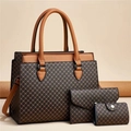 Braunes 3-teiliges Taschen-Set mit geometrischem Muster, Shopper, Geldbörse und Beutel - Kaffee und Gelb