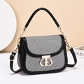 Elegant black and white contrast leather crossbody bag with round gold buckle and top handle - Black and Gray