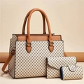 Dreiteiliges Damen-Taschenset mit Shopper und Geldbörse in beige-braunem Gittermuster - Khaki und Gelb