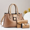 3-piece camel handbag set featuring lizard pattern textures and glossy faux leather finish - Khaki