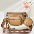 Camel woven crossbody bag with round pouch and patterned wide strap in a stylish setup - 21*15*8cm / Khaki/Earth Yellow