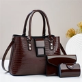 3-piece dark brown crocodile embossed glossy faux leather tote bag set with wallets - Coffee