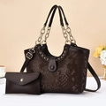 Dark brown faux snake skin handbag set with tote bag and matching envelope wallet - Coffee