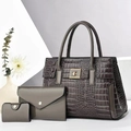 Ensemble de sacs 3 pièces pour femme en taupe foncé avec gaufrage crocodile brillant - Sac à Main Bandoulière Et Pochette Portefeuille / Gris