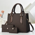 Brown 3-piece handbag set with tote, envelope wallet and card holder on white background - Coffee