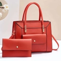 Red leather handbag and small clutch set with golden hardware and adjustable strap - Red