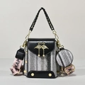 Sac seau tissé tricolore à la mode avec ornement cygne et porte-monnaie rond - Noir et Gris