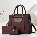 Three-piece burgundy textured fabric tote set with brown leather handles and gold hardware - Wine Red