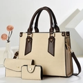 Three-piece beige woven handbag set with dark brown leather trim and golden hardware - Off-white