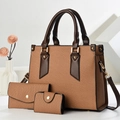 Three-piece brown woven texture tote bag set with matching wallet and coin purse - Khaki/Earth Yellow