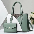 Detail view of the green and leopard print two-piece tote bag and matching clutch set - Green
