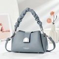 Morandi grey-blue leather handbag with pleated handle and gold hardware detail - Blue