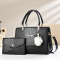 Set 2 pezzi borsa a mano nera goffrata coccodrillo con ciondolo a cuore e perle - Nero
