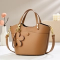 Elegant caramel brown bucket bag in textured faux leather with flower charm for summer - 20*12*19cm / Sand Brown