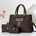 Deep brown 3-piece handbag set featuring a large tote, wallet, and clutch in woven leather - Coffee