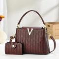 Burgundy woven texture tote bag set with V-shaped metal hardware and matching wallet - Burgundy