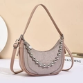 Fashionable nude pink crescent shoulder bag with shimmering sequins and silver bead chain - 25*8*18 / Champagne