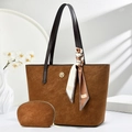 Two-piece brown matte tote bag set with golden M logo and decorative silk scarf - 41*12*28 / Earthy Yellow