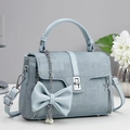 Light blue tweed crossbody handbag with leather bow, pearls and star charms for women - Blue