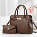 Dark brown 2-piece handbag set featuring a trapezoid tote with gold hardware - Brown