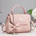 Pink tweed and leather women's handbag with bow pendant and pearl chain detail - 22*11*17 / Pink