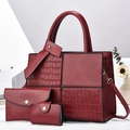 3-piece burgundy PU leather handbag set with crocodile pattern and detachable strap - Wine Red