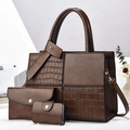Brown 3-piece bag set with crocodile texture patchwork and gold metal hardware - Coffee