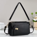 Schwarze Handtasche mit Litschi-Muster, drei Reißverschlussfächern und goldenem Schloss - Schwarz