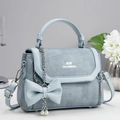 Light blue large capacity handbag with fabric texture and decorative bow charm - 22*11*17 / Blue