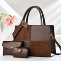 Three-piece dark brown patchwork tote set with handbag, envelope bag and card holder - Coffee
