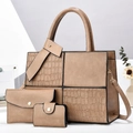 Set 3 pezzi marrone con stampa coccodrillo, borsa a mano, pochette e porta carte di credito - Cachi