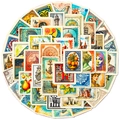 Vintage stamp stickers set featuring retro animals, architecture and floral motifs - Antique Stamp Style
