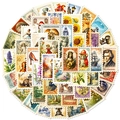 50er-Set Vintage-Briefmarkenaufkleber mit Blumen- und Retro-Kunstmotiven auf weißem Hintergrund - Mittelalterlicher Briefmarkenstil (T01041254)