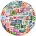 Macro view of vintage world stamp stickers with creative retro travel postage motifs - Coin And Stamp Style (T01041249)