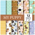 Close-up of 12 cute puppy themed scrapbooking papers with cartoon dogs and paw prints - 15cm x 15cm / Black and Gray Puppy Material Pack (T01041345) / 12 Sheets Pack