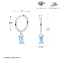 Macro detail of 925 sterling silver hoop earrings with rectangular blue zircon stones - White Gold Plated - Sea Blue