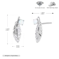 Macro view of 925 silver feather earrings with zircon inlays and opal stone detail - Platinum Plated 925 Silver - White Opal