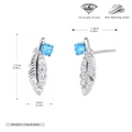 Macro detail of 925 silver feather earrings with blue opal and zircon stones - Platinum Plated 925 Silver - Blue Opal