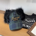 Gorro vintage de cuadros con orejeras de pelo sintético y bordado West Coast Skating - 56-58cm / Azul Marino