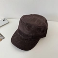 Retro corduroy flat top military hat in dark coffee with vintage side button detail - 56-58cm Adjustable / Brown