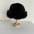 Winter plush faux fur bucket hat in black with thick thermal lining and ear protection - 56-58cm / Black