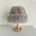 Plush grey faux fur bucket hat for winter warmth featuring thick fluffy faux fox hair fabric - 56-58cm / Gray