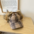 Brown plaid aviator hat with faux fur earflaps and a delicate leather bow tie - 56-58cm / Khaki