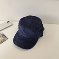 Navy blue corduroy cadet hat with flat top and side metal button for autumn and winter - 56-58cm Adjustable / Navy Blue