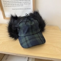 Winter plaid baseball cap with black faux fur earflaps and warm inner lining - 56-58cm / Black