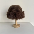 Deep brown faux fur bucket hat with fluffy texture for winter ear protection - 56-58cm / Brown