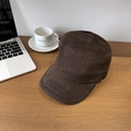 Dark brown faux suede flat top military hat on a wooden desk with a coffee cup - 56-58cm (Adjustable) / Brown