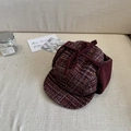 Cappello da aviatore a quadri in tweed rosso-marrone con paraorecchie e fiocco - 56-58cm / Borgogna